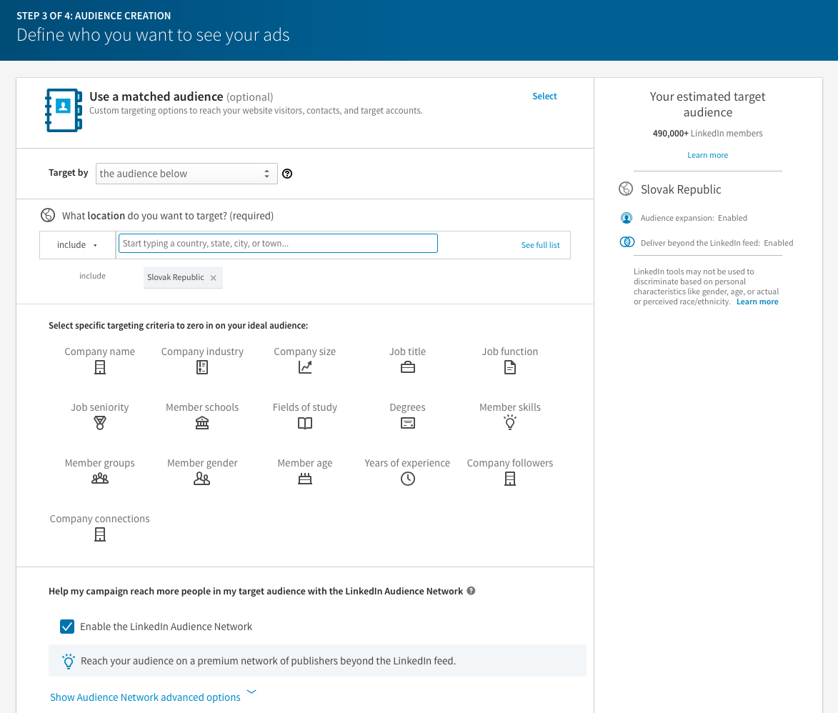 ako nastavit reklamu na linkedin