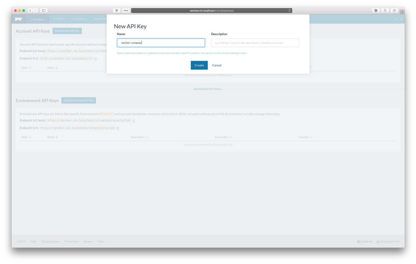 Rancher UI, Adding Environment API Key