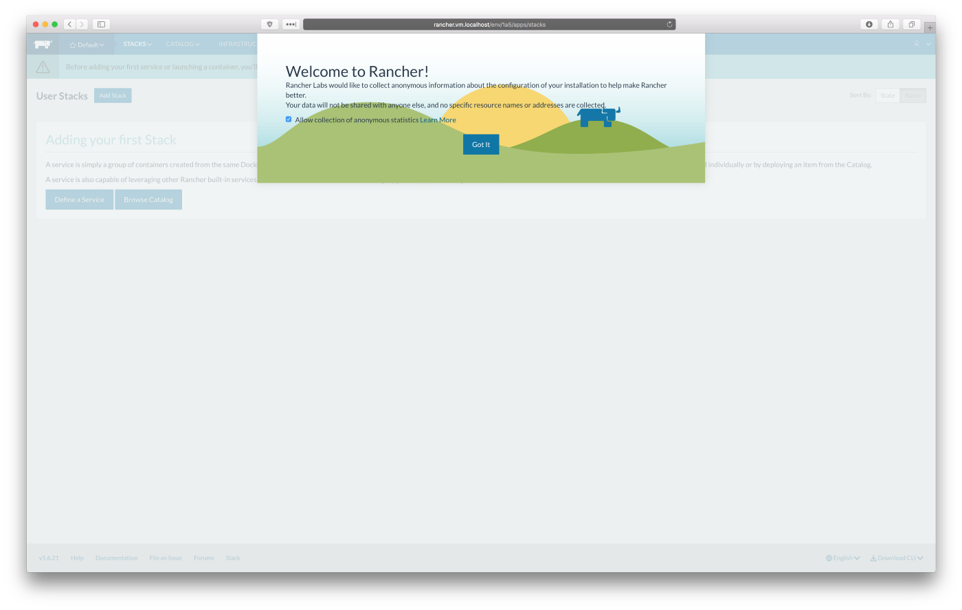 Rancher UI, Dashboard, first time opened