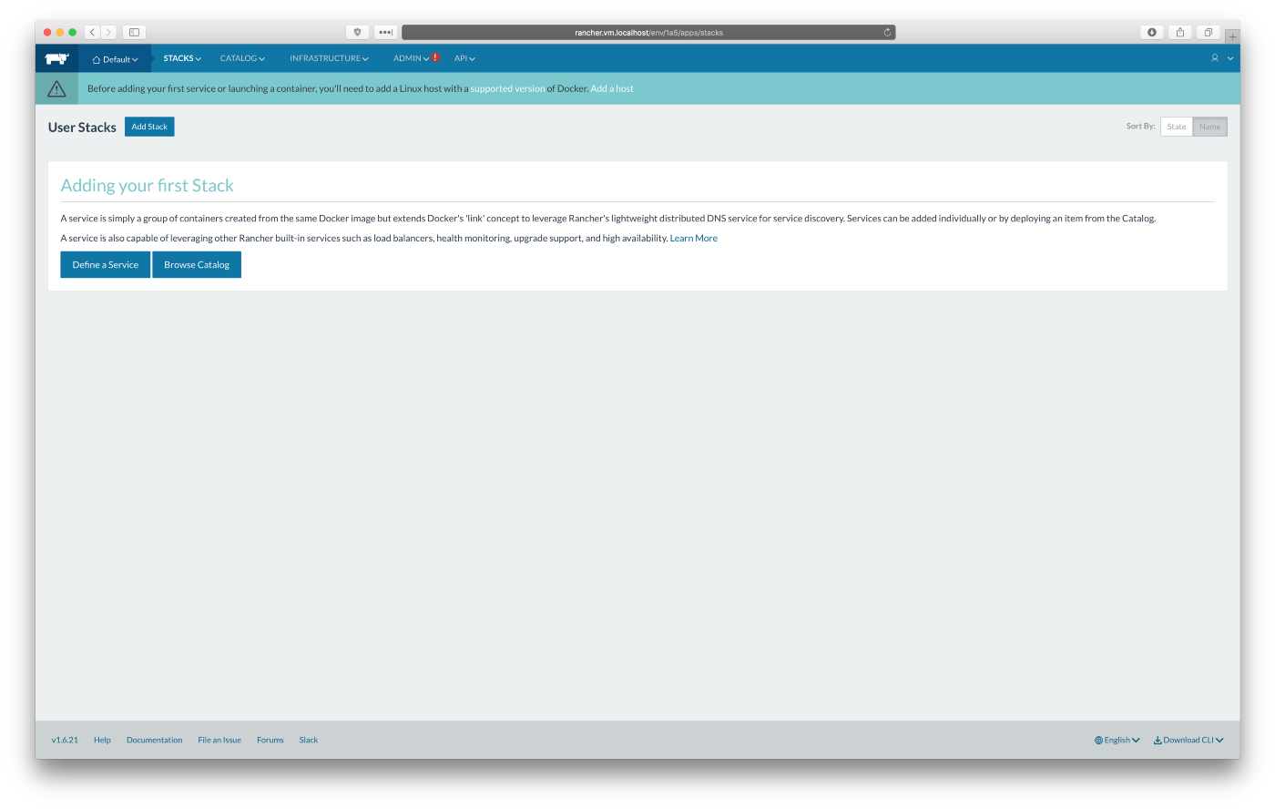 Rancher UI, Dashboard, first time opened