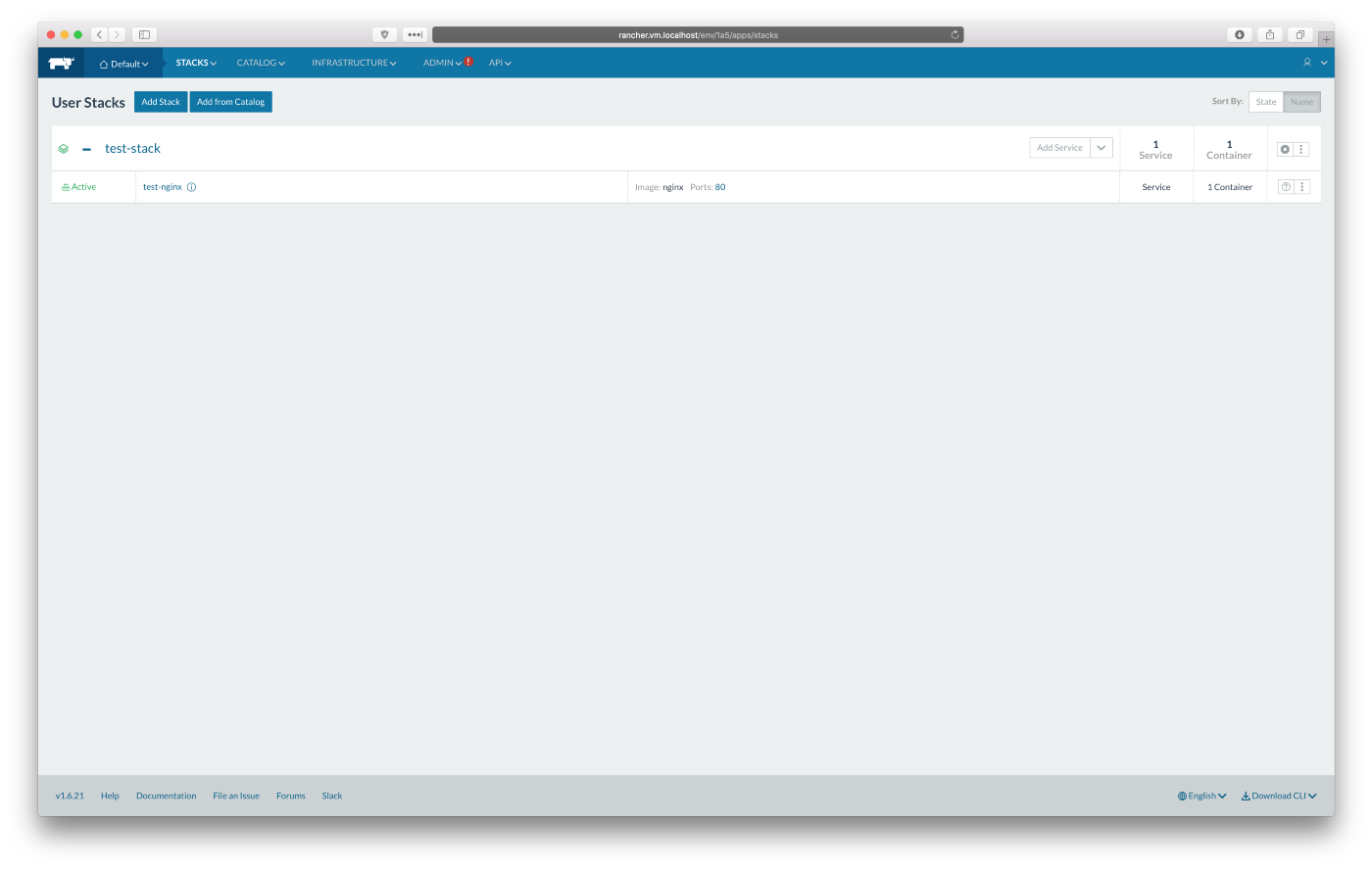 Rancher UI, User Stacks overview
