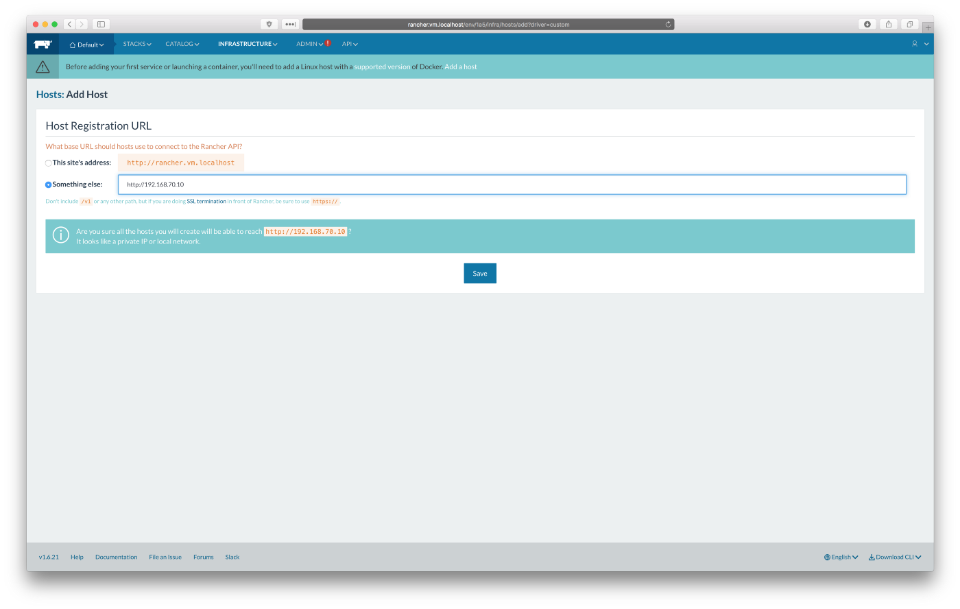 Rancher UI, setting Host Registration URL
