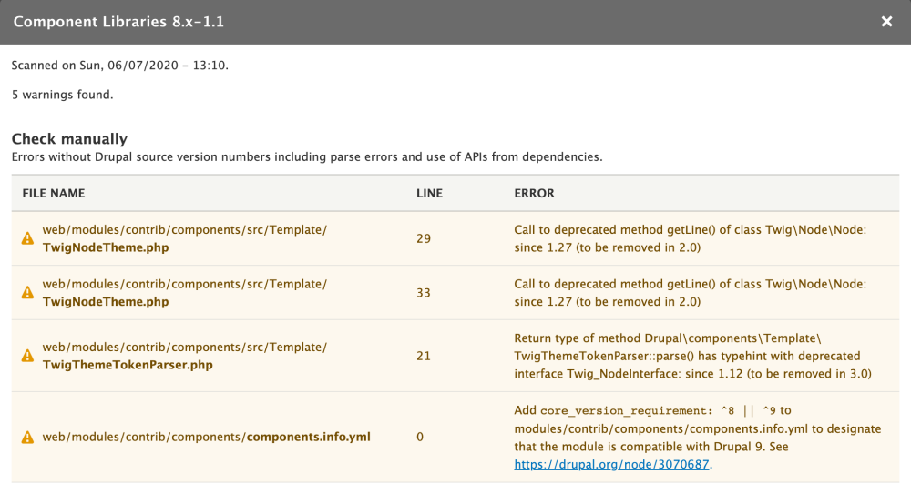 deailed drupal 9 incompatibility output